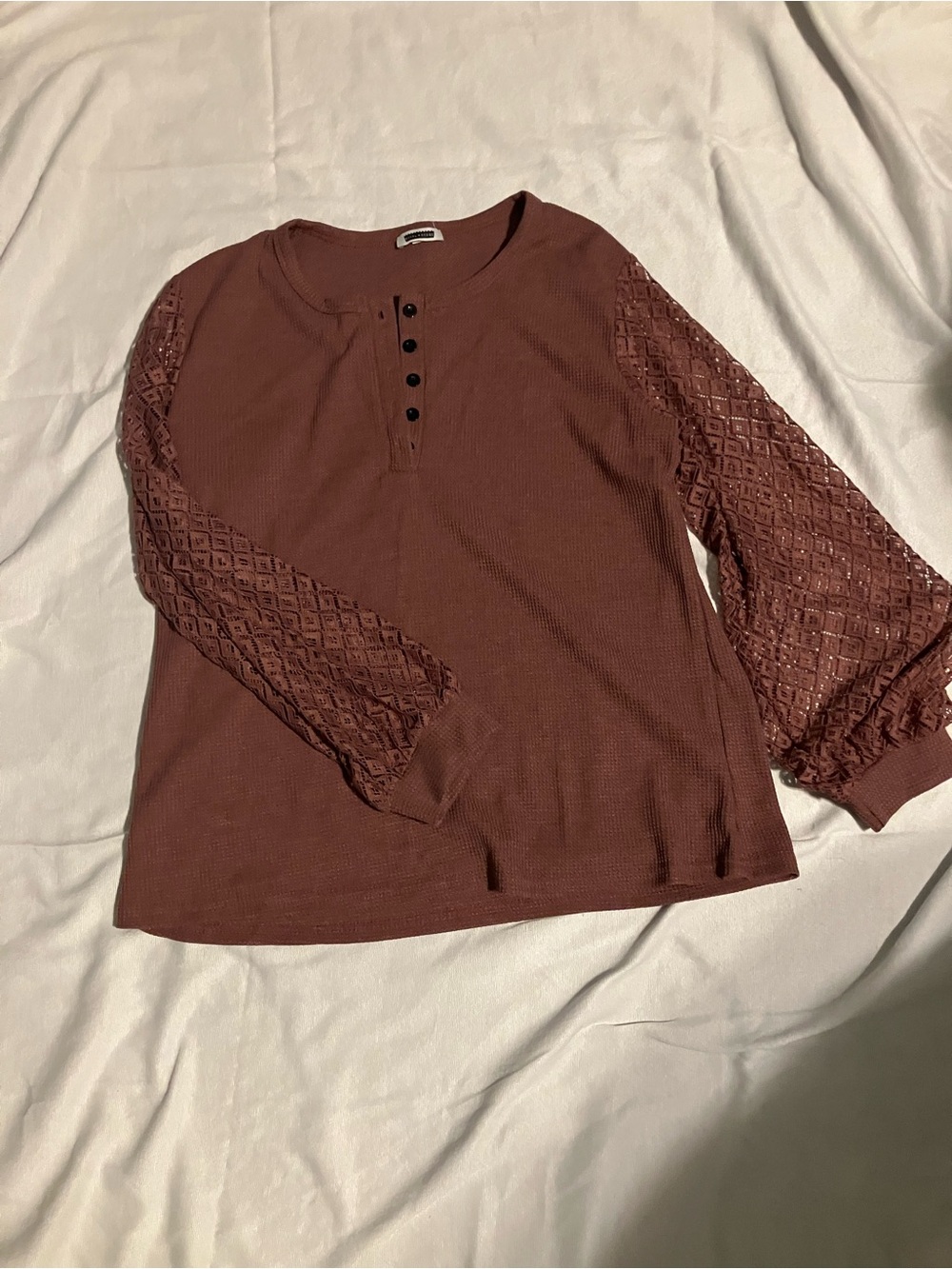 Waffle Knit Lace Sleeve Henley Top - Brown